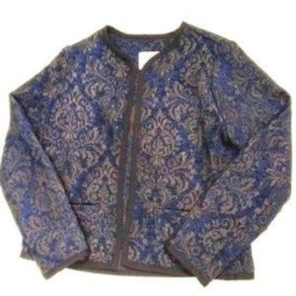 Old Navy Blazer Jacket Damask Pattern Blue Black Unlined Open Front Size Small
